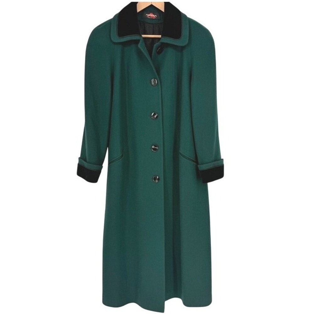 Alorna Vintage Womens Pure‎ Wool Overcoat Forest Green Velvet Collar Made in USA